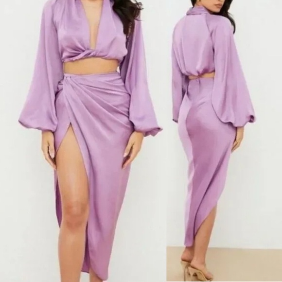 House of CB Skirt Lavender Purple Satin Constance Asymmetrical Split sz M - Picture 1 of 8